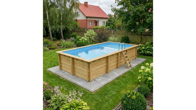 Piscina in legno AQUA 7 x 3.75 – H.1.45 m con spiaggia, azzurro chiaro, con supporti da cementare