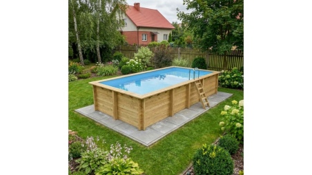 Piscina in legno AQUA 7 x 3.75 – H.1.45 m con spiaggia, azzurro chiaro, con supporti da cementare