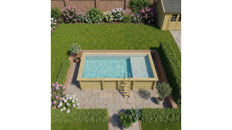 Piscina in legno AQUA 7 x 3.75 – H.1.45 m con spiaggia, grigio, con supporti da cementare