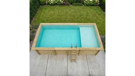 Piscina in legno AQUA 7 x 3.75 – H.1.45 m con spiaggia, sabbia, con supporti da cementare