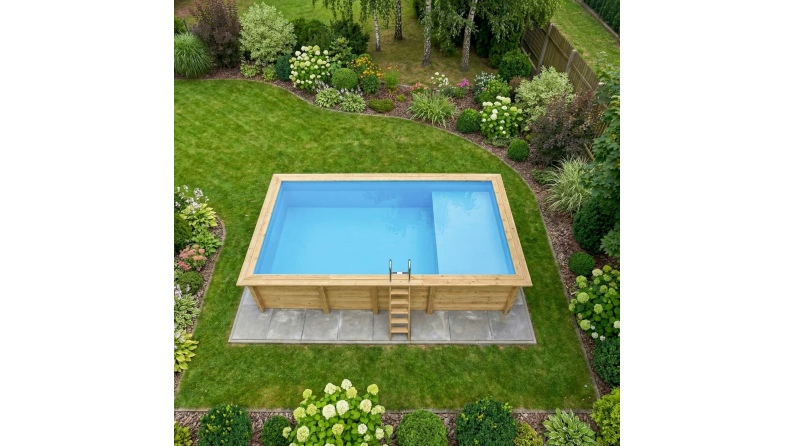 Piscina in legno AQUA 7 x 3.75 – H.1.45 m con spiaggia, azzurro chiaro, con supporti fissati al calcestruzzo