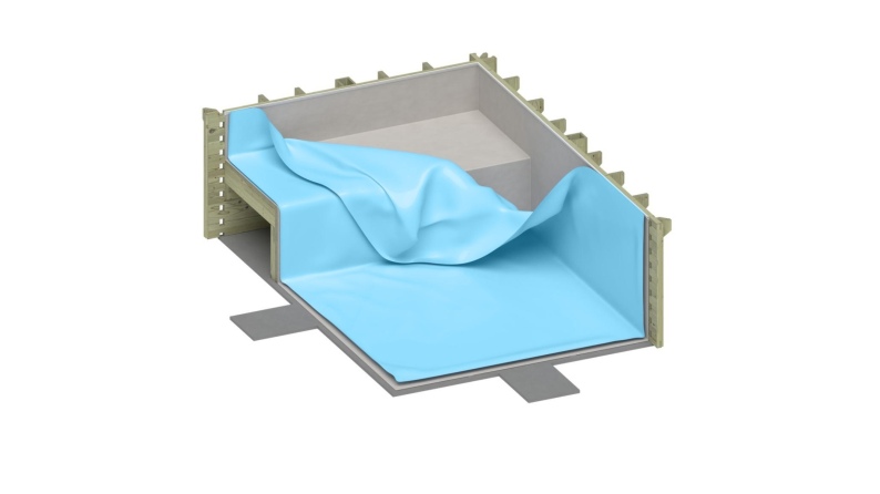 Piscina in legno AQUA 7 x 3.75 – H.1.45 m con spiaggia, azzurro chiaro, con supporti fissati al calcestruzzo