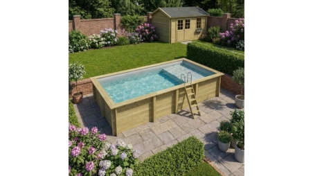 Piscina in legno AQUA 7 x 3.75 – H.1.45 m con spiaggia, grigio, con supporti fissati al calcestruzzo