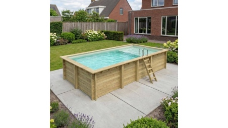 Piscina in legno AQUA 7 x 3.75 – H.1.45 m con spiaggia, sabbia, con supporti fissati al calcestruzzo
