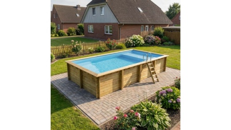 Piscina in legno AQUA 8.5 x 4.35 – H.1.45 m con spiaggia, azzurro chiaro, con supporti da cementare