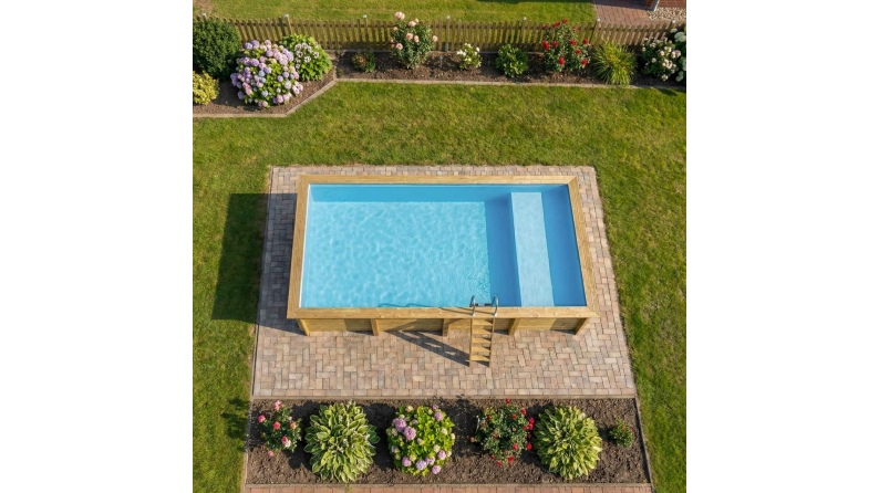 Piscina in legno AQUA 8.5 x 4.35 – H.1.45 m con spiaggia, azzurro chiaro, con supporti da cementare
