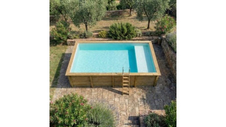 Piscina in legno AQUA 8.5 x 4.35 – H.1.45 m con spiaggia, sabbia, con supporti da cementare