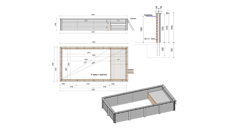 Piscina in legno AQUA 8.5 x 4.35 – H.1.45 m con spiaggia, azzurro chiaro, con supporti fissati al calcestruzzo