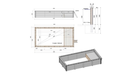 Piscina in legno AQUA 8.5 x 4.35 – H.1.45 m con spiaggia, azzurro chiaro, con supporti fissati al calcestruzzo