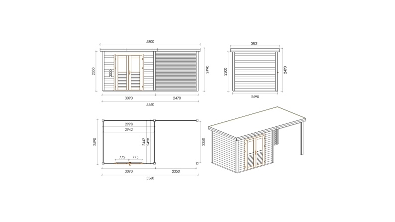 Casetta da giardino in legno Aura 5.56x2.59 m - 14.4 m2 - 28 mm - impregnata