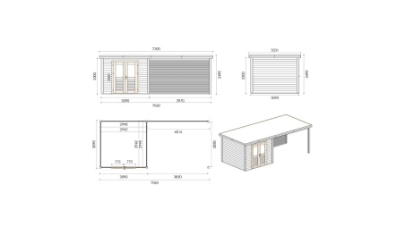 Casetta da giardino in legno Aura 7.06x3.09 m - 21.81 m2 - 28 mm - impregnata