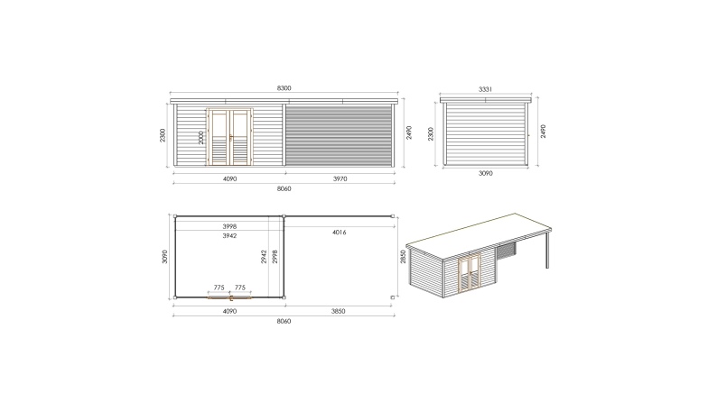 Casetta da giardino in legno Freya 7.06x3.09 m - 21.81 m2 - 28 mm - impregnata