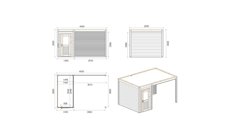 Casetta da giardino in legno Veya 4.56x3.09 m - 14.09 m2 - 28 mm - impregnata
