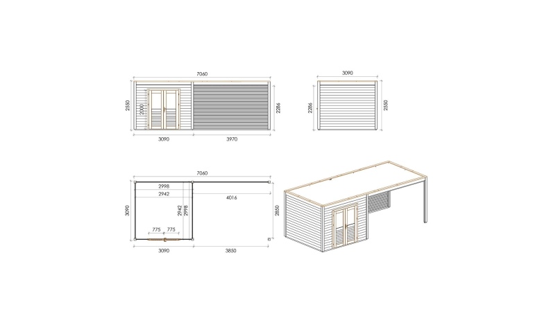 Casetta da giardino in legno Sora 7.06x3.09 m - 21.82 m2 - 28 mm - impregnata