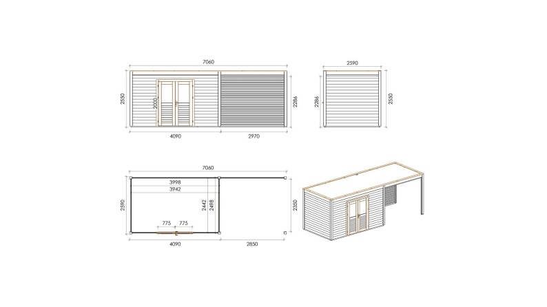Casetta da giardino in legno Nova 7.06x2.59 m - 18.29 m2 - 28 mm - impregnata