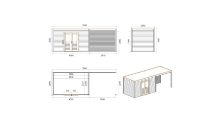 Casetta da giardino in legno Nova 7.06x2.59 m - 18.29 m2 - 28 mm - impregnata