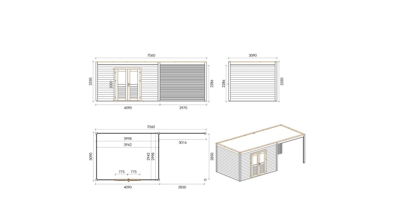 Casetta da giardino in legno Nova 7.06x3.09 m - 21.82 m2 - 28 mm - impregnata