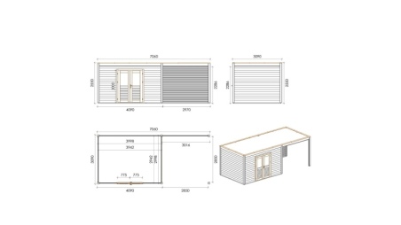 Casetta da giardino in legno Nova 7.06x3.09 m - 21.82 m2 - 28 mm - impregnata