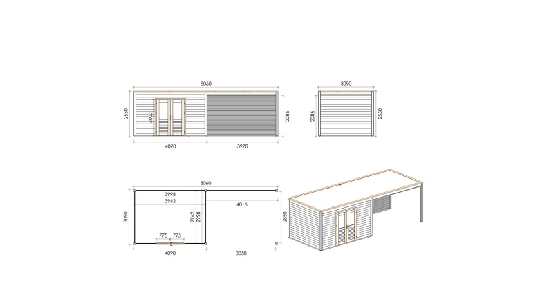 Casetta da giardino in legno Nova 8.06x3.09 m - 24.91 m2 - 28 mm - impregnata