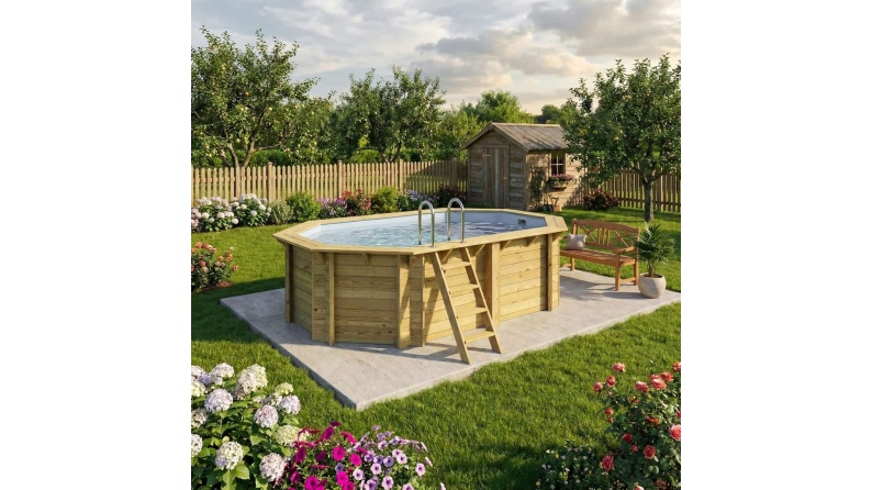 Piscina in legno NEMO 4.3 x 3 - H.1.18 m, grigio, con supporti fissati al calcestruzzo