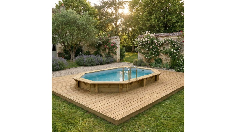 Piscina in legno NEMO 4.3 x 3 - H.1.18 m, grigio, con supporti fissati al calcestruzzo