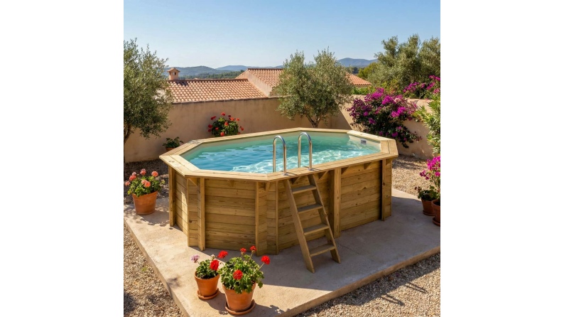 Piscina in legno NEMO 4.3 x 3 - H.1.18 m, sabbia, con supporti fissati al calcestruzzo