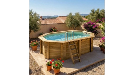 Piscina in legno NEMO 4.3 x 3 - H.1.18 m, sabbia, con supporti fissati al calcestruzzo