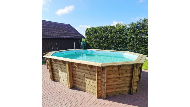 Piscina in legno NEMO 4.3 x 3 - H.1.31 m, grigio, con supporti fissati al calcestruzzo
