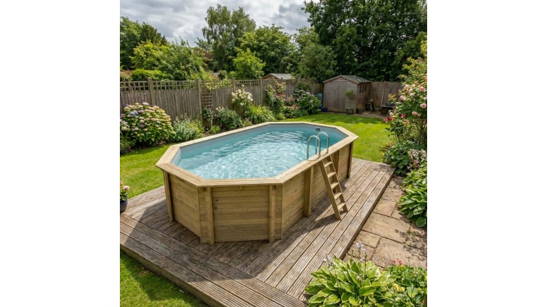 Piscina in legno NEMO 7.3 x 3.97 - H.1.45 m, grigio, con supporti fissati al calcestruzzo