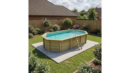 Piscina in legno NEMO 7.3 x 3.97 - H.1.45 m, sabbia, con supporti fissati al calcestruzzo