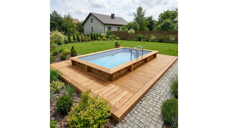 Piscina in legno AQUA 4.65 x 2.85 - H.1.24 m, grigio, con supporti fissati al calcestruzzo