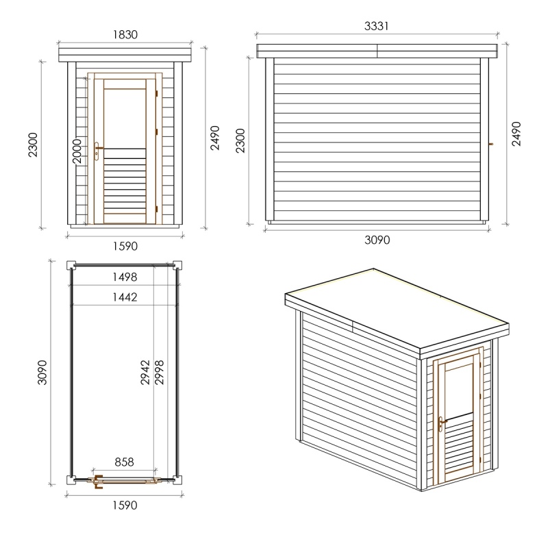Casetta da giardino in legno Mira 1.59x3.09 m - 4.91 m2 - 28 mm - impregnata