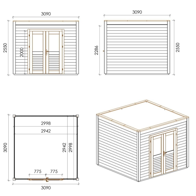 Casetta da giardino in legno Sora 3.09x3.09 m - 9.55 m2 - 28 mm - impregnata
