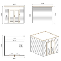Casetta da giardino in legno Sora 3.09x3.09 m - 9.55 m2 - 28 mm - impregnata