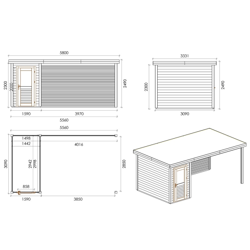 Casetta da giardino in legno Mira 5.56x3.09 m - 17.18 m2 - 28 mm - impregnata