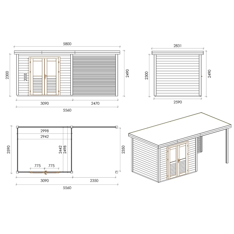 Casetta da giardino in legno Aura 5.56x2.59 m - 14.4 m2 - 28 mm - impregnata
