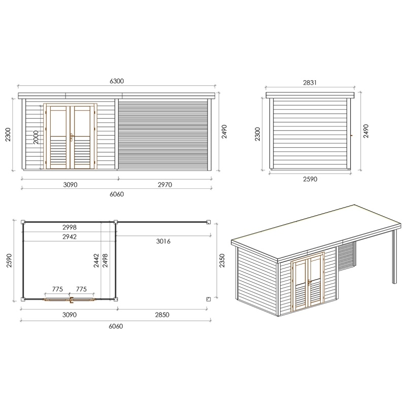 Casetta da giardino in legno Aura 6.06x2.59 m - 15.69 m2 - 28 mm - impregnata