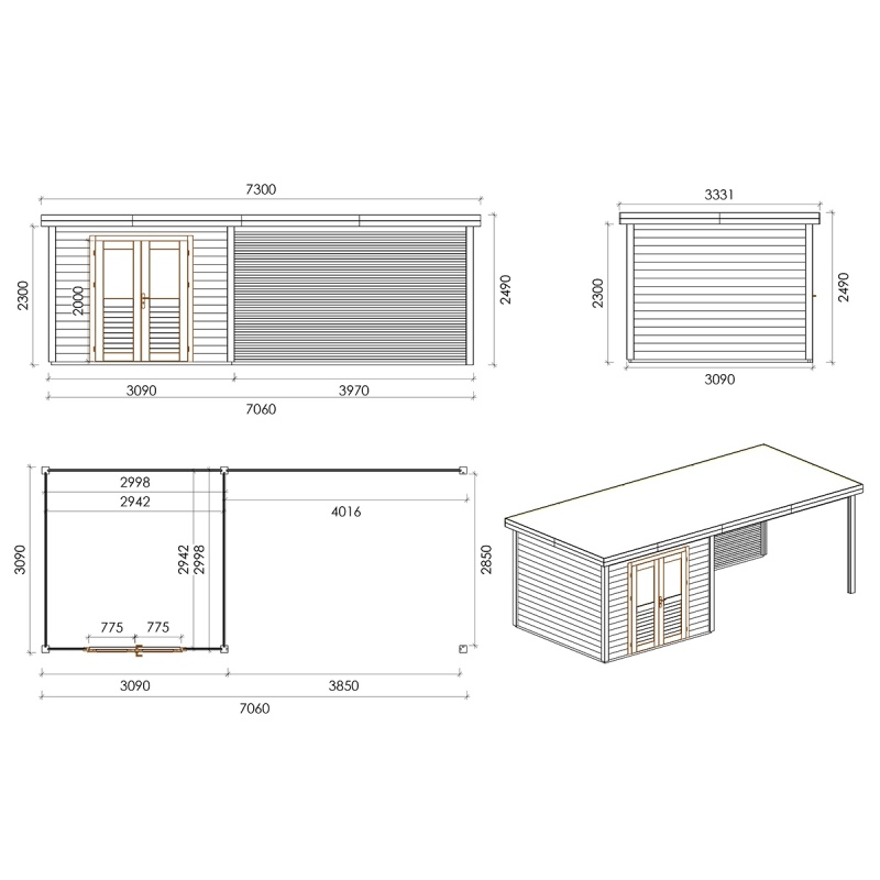 Casetta da giardino in legno Aura 7.06x3.09 m - 21.81 m2 - 28 mm - impregnata