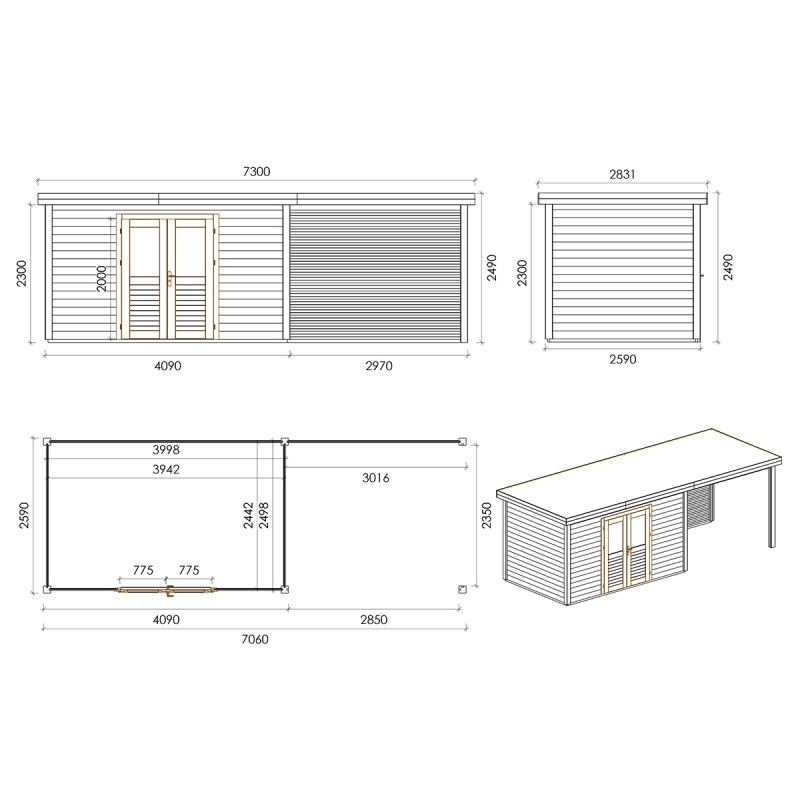 Casetta da giardino in legno Freya 6.56x2.59 m - 16.99 m2 - 28 mm - impregnata