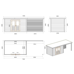 Casetta da giardino in legno Freya 6.56x2.59 m - 16.99 m2 - 28 mm - impregnata