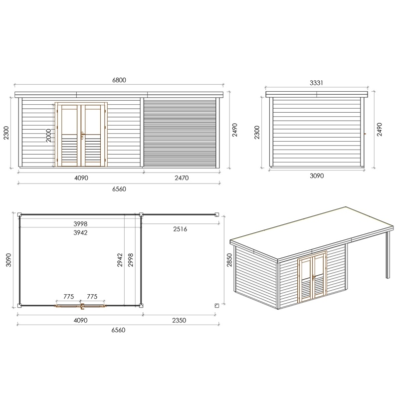 Casetta da giardino in legno Freya 7.06x2.59 m - 18.28 m2 - 28 mm - impregnata
