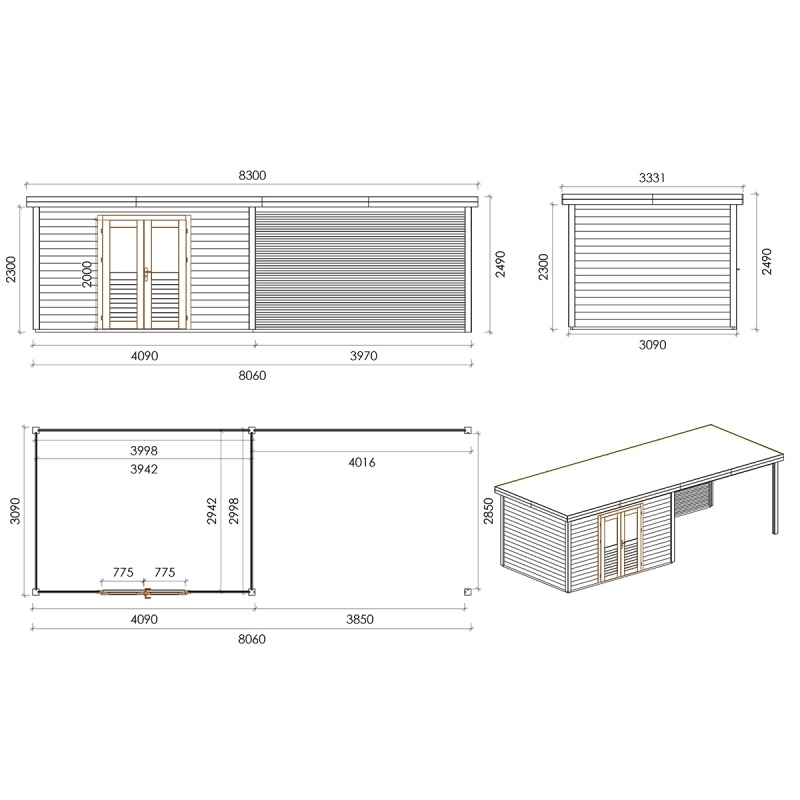 Casetta da giardino in legno Freya 7.06x3.09 m - 21.81 m2 - 28 mm - impregnata