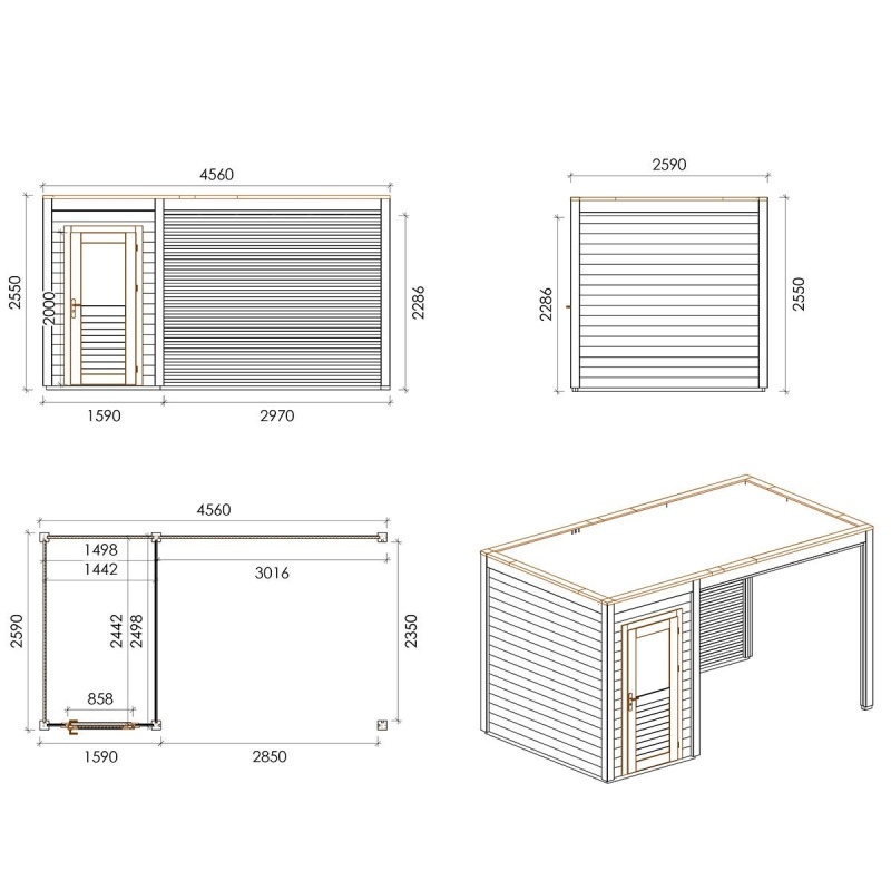 Casetta da giardino in legno Veya 4.56x2.59 m - 11.81 m2 - 28 mm - impregnata
