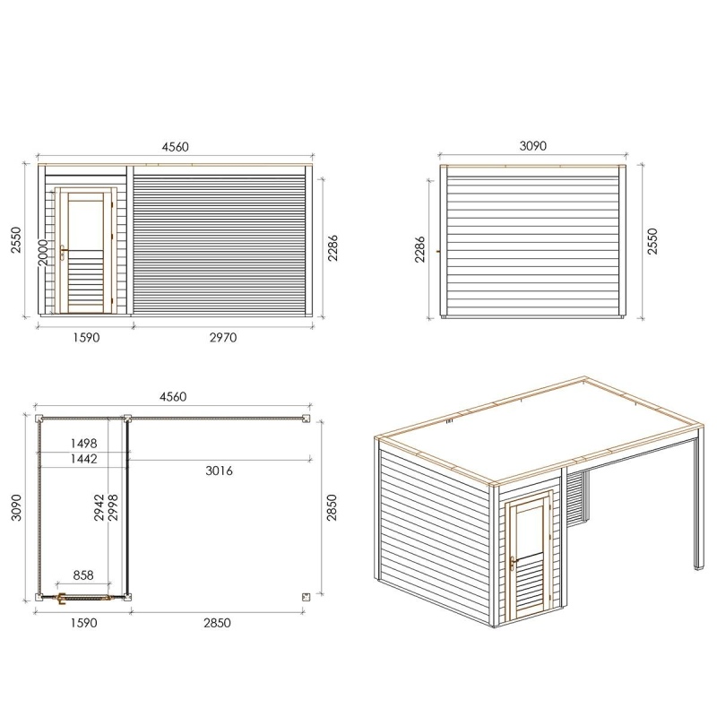Casetta da giardino in legno Veya 4.56x3.09 m - 14.09 m2 - 28 mm - impregnata