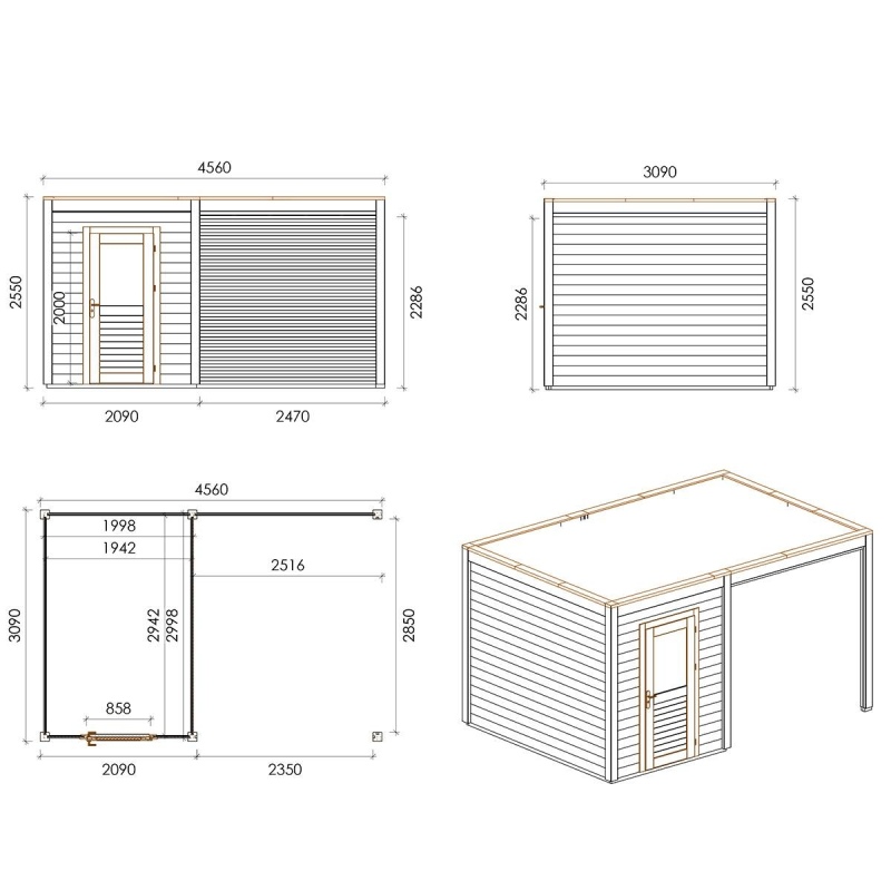 Casetta da giardino in legno Luma 4.56x3.09 m - 14.09 m2 - 28 mm - impregnata