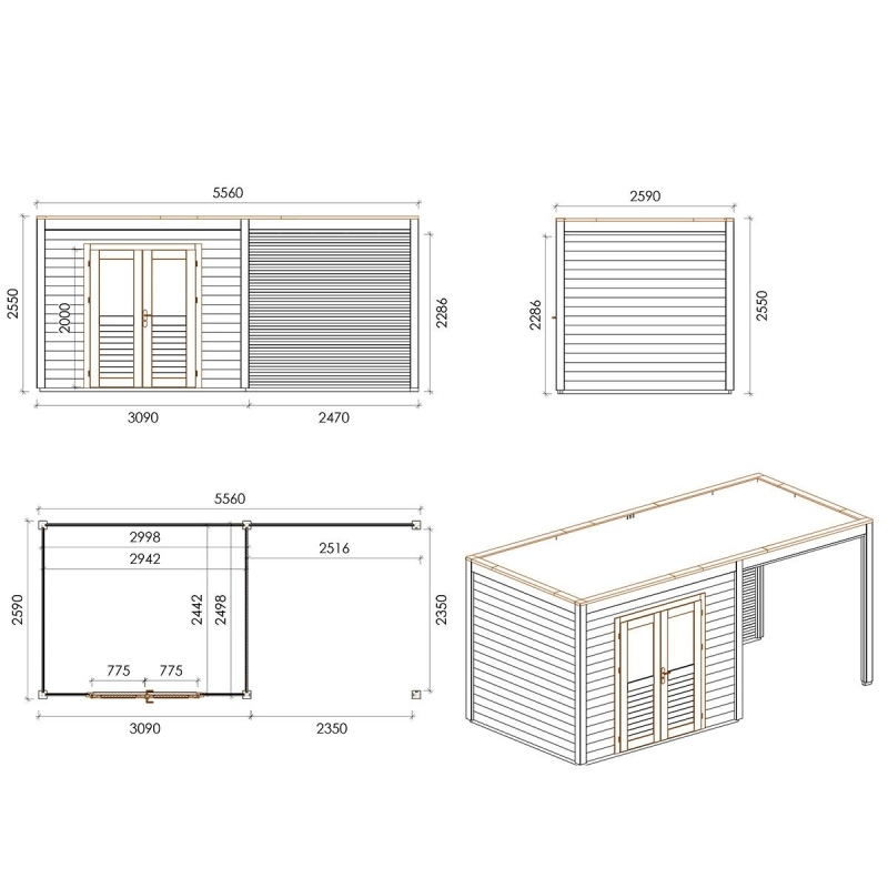 Casetta da giardino in legno Sora 5.56x2.59 m - 14.4 m2 - 28 mm - impregnata