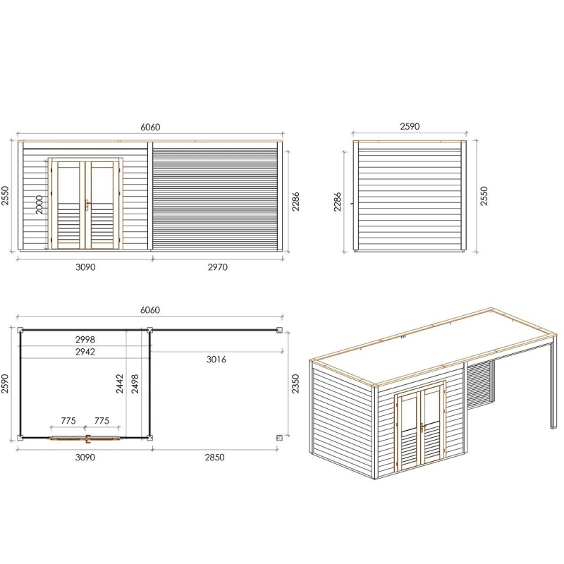 Casetta da giardino in legno Sora 6.06x2.59 m - 15.7 m2 - 28 mm - impregnata