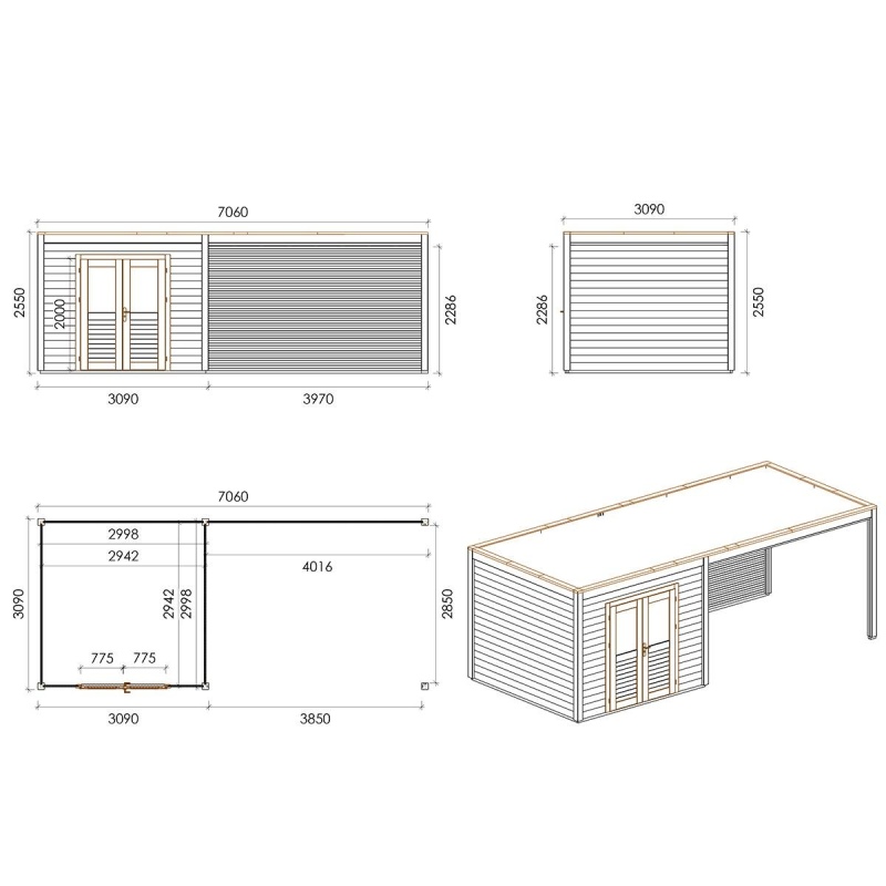 Casetta da giardino in legno Sora 7.06x3.09 m - 21.82 m2 - 28 mm - impregnata