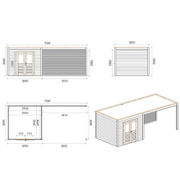 Casetta da giardino in legno Sora 7.06x3.09 m - 21.82 m2 - 28 mm - impregnata