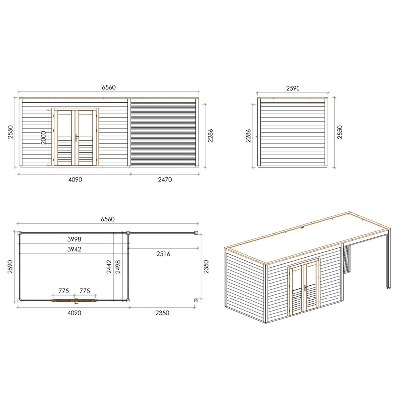 Casetta da giardino in legno Nova 6.56x2.59 m - 16.99 m2 - 28 mm - impregnata
